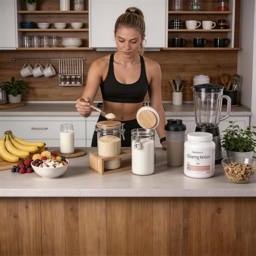 KKC Glass Protein Powder Container, 40oz Airtight Collagen Storage Jars with Bamboo Lids & 1 TBSP Measuring Spoons - Wide Mouth Aesthetic Countertop Dispenser Organizer for Kitchen, Smoothie Bar - Image 2