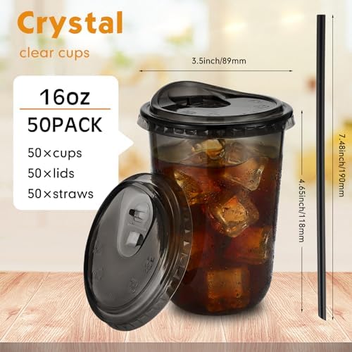 Ziliny 50 Pack 16 Oz Black Plastic Cups with Lids and Straws, Iced Coffee - Image 3