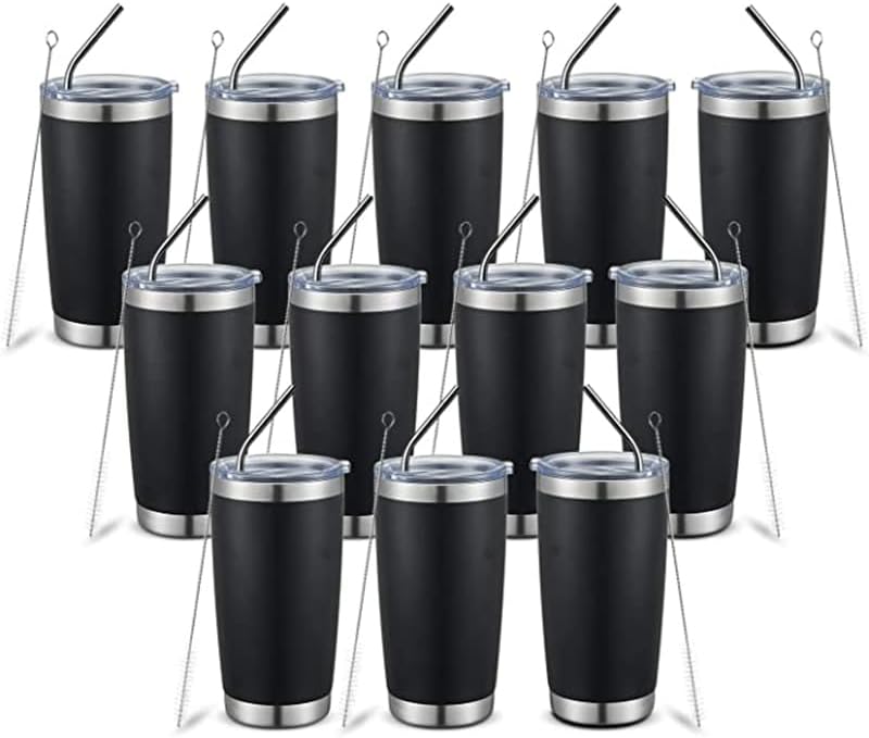 20oz insulted tumblers stainless steel cup Tumbler Bulk with push Lid, and metal straw powder coated coffee cup for cold and hot drinking (12, black) by Unknown