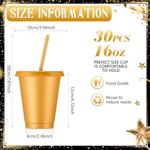 Rtteri 30 Pcs Reusable Plastic Cups with Lids Straws 16 oz, Gold - Image 2