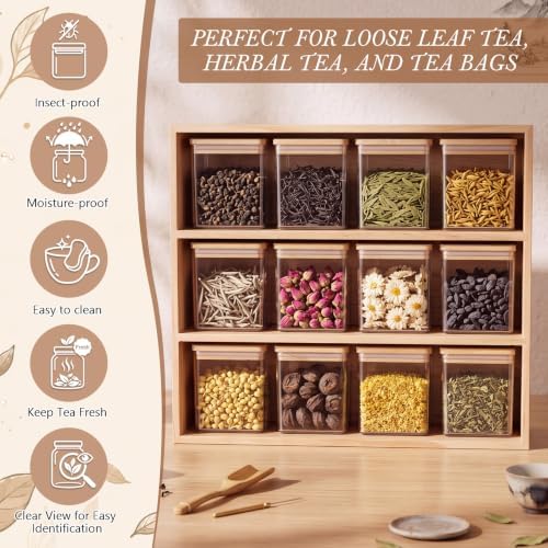 Suclain Bamboo Tea Storage Rack with 12 Canisters with Lids and 24 Tags for Bagged & Loose Leaf Tea Organization or Pantry Office Coffee Station - Image 5