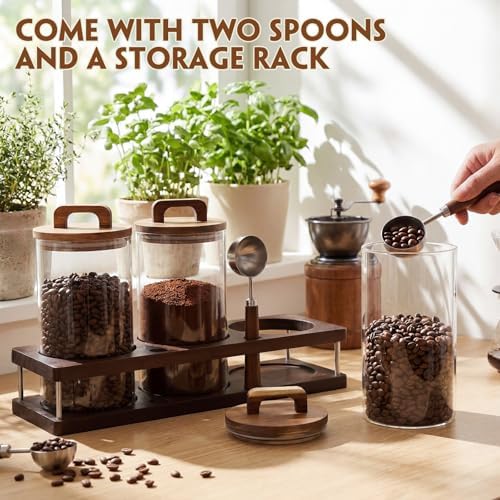 Suclain 3 Pcs 42 oz Glass Coffee Grounds Container with Shelf Glass Coffee Bean Storage Canisters with Airtight Lid and Measuring Spoon Food Storage Jars for Kitchen Sugar (Vintage Style) - Image 3