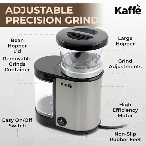 Kaffe Electric Burr Coffee Grinder (5.5oz) w/Adjustable Precise Coarseness Settings - Flat Burr - [Improved Motor] - Precision Coffee Bean Grinder for Home Use - Stainless Steel - Image 4