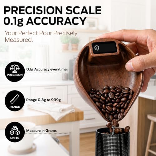 Luviora Walnut Wood Coffee Scale with Spoon, 0.1g Precision, 999g - Image 2