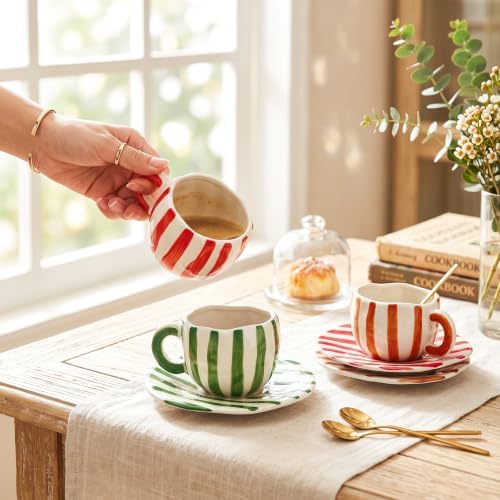 3 Pack Striped Ceramic Coffee Mug and Saucer Set, 12 oz - Image 2