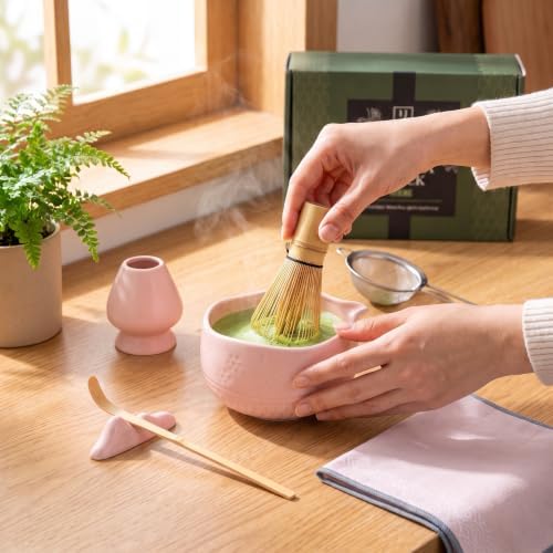7-Piece Matcha Whisk Set – Ceramic Matcha Bowl with Spout, Bamboo Whisk & Holder, Scoop, Sifter, Tea Towel – Japanese Tea Set & Matcha Starter Kit Gift Box (Pink) - Image 6