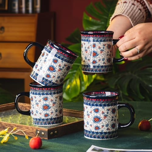 Ceramic Latte Mug Set of 4, 15.5oz Hand Painted Porcelain Coffee Cups With Handle for Tea/Milk/Cocoa - Modern Retro Design For Any Kitchen. Microwave and Dishwash Safe (Blue plasma grass) - Image 5