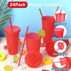 24 Pack Plastic Tumblers with Lids and Straws, Reusable Cups with Lids Plastic Colorful Cups for Parties Birthdays, Iced Coffee Cup Travel Mug Cold Drink Cups Bulk Tumblers (24 oz, Red) - Image 3