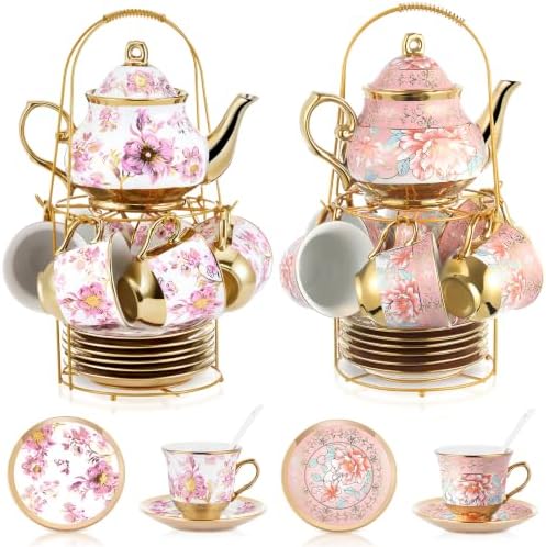 Zhehao 40 Pcs Porcelain Tea Set for Adult, with Metal Holder, Luxe by Zhehao