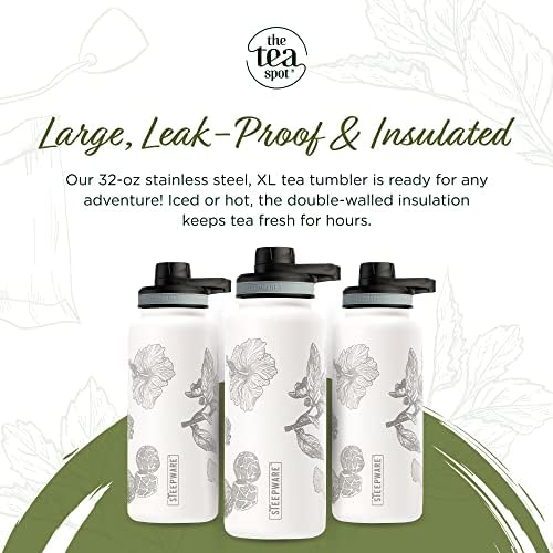 The Tea Spot Himalayan Tea Tumbler - Travel Bottle with Tea Infuser for Loose Leaf Tea or Iced Coffee - 32oz, White-Etched - Double-Walled Insulated Bottle - Keeps Drinks Hot & Cold for Hours - Image 2
