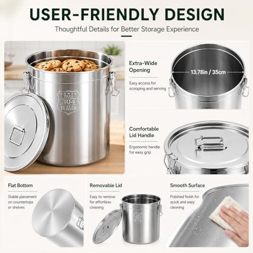 33L/8.72gal Stainless Steel Airtight Canister, Food Storage Canisters with Airtight Lid&Locking Clamp, Rice Cereal Grain Canisters Container, Storager Bucket for Flour, Coffee Bean, Sugar, Cookie - Image 5