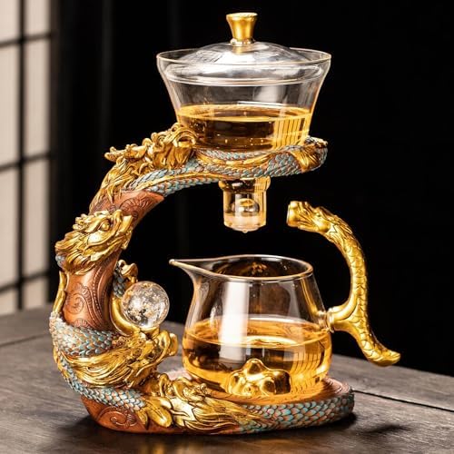 Glass Teapot Set with Infuser Semi Automatic Dragon Tea Set (Blue golden teapot) by zurucily