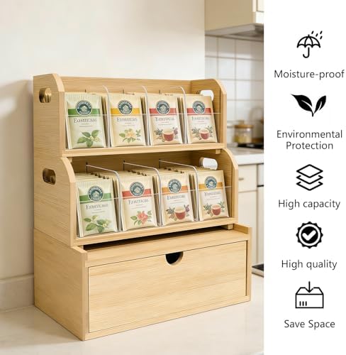 3-Layer Stackable Bamboo Tea Bag Organizer with Drawer, No-Tool Assembly Tea Organizers and Storage Holder for Countertop, Cabinet, Office, Kitchen, Pantry - Image 7