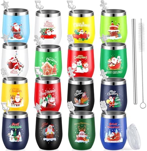 Nuogo 16 Set Colorful Christmas Tumblers with Lids and Straws and Spoons 12 oz Funny Stainless Steel Wine Tumbler Xmas Mugs Bulk Gifts for Coworker Teacher Women Men Holiday Party Decoration by Nuogo