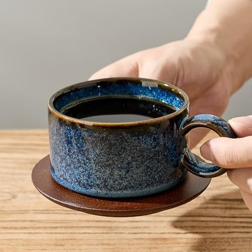 LUKA 6 Ounce Porcelain Stackable Espresso Cups with Saucers and Metal Stand Set of 4, Ceramic Cappuccino Cups Set for Specialty Coffee Drinks, Latte, Cafe Mocha and Tea, Reactive Blue - Image 7
