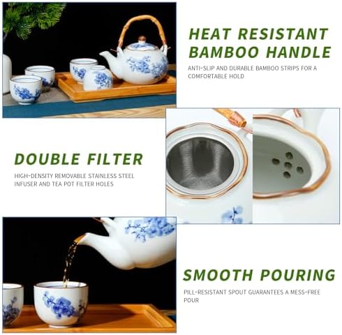 Japanese Tea Set Porcelain Tea Set with Teapot and Tea Cup Set for 4, Blue and White Tea Sets for Adults with Stainless Infuser and Bamboo Tray, Asian Tea Set for Tea Lovers/Women/Men (Plum & Bamboo) - Image 3