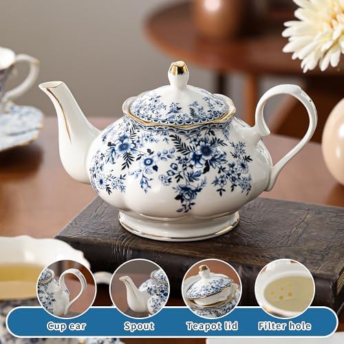 European Ceramic tea set for one or two,Porcelain Gift Tea Set For Women and Tea Party. (Blue, 1 teapot and 2 tea cup sets) - Image 2