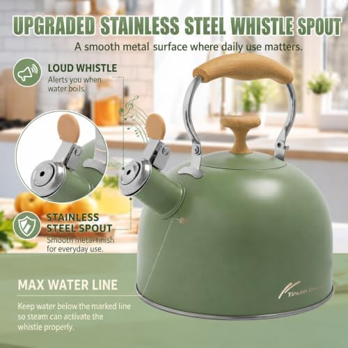 Whistling Tea Kettle, 2.5 Qt Stovetop Teapot, Olive Green - Image 2
