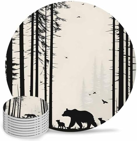 Coasters for Drinks Set of 8 Abstract Forest Walking Bear Family Natural Silhouette Ceramic Cup Mat, Absorbent Ceramic Stone Coasters with Cork Base for Coffee Cups Wooden Table Home Decor 4 Inch by Daleng