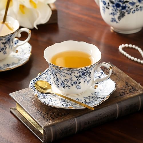 TATSUMI Country Roses Porcelain Tea Set, European Ceramic tea set for adults,Vintage Style, For Women and Tea Parties (BLUE, 13 Pieces Set) - Image 6