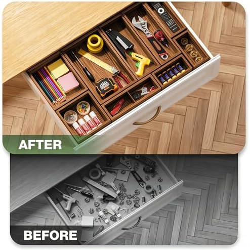 9-Pack Solid Wood Junk Drawer Organizer, Modular Desk Drawer Tray & Accessories with Non-Slip Pad, Multi-Use for Kitchen, Office, Bedroom Dresser, Utensil, Makeup, Stationery, Tea Bags & Coffee Pod - Image 5