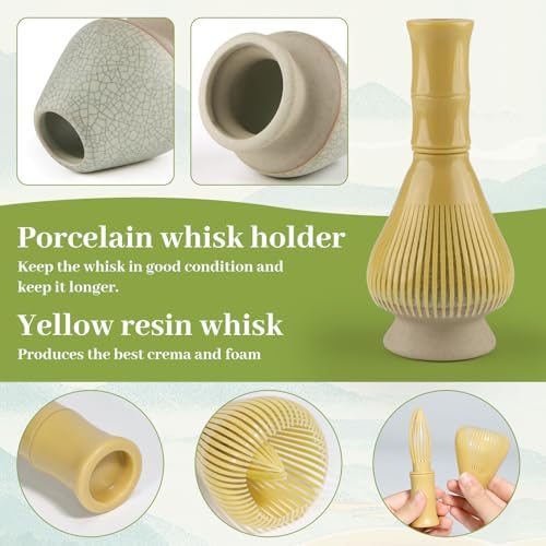 4 Piece Matcha Japanese Ceremony Set, Resin Matcha Whisk, Bamboo Spoon, Bamboo Scoop, Whisk Stand, Perfect Set for Preparing, Yellow - Grid Green - Image 5