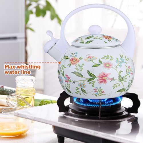 2.3 Quart Vintage Enamel Tea Kettle, Whistling Tea Kettle for Stove Top, Floral Enamel on Steel Teakettle Teapot for Home Kitchen Camping Picnic, Gift for Wedding Housewarming - Image 5