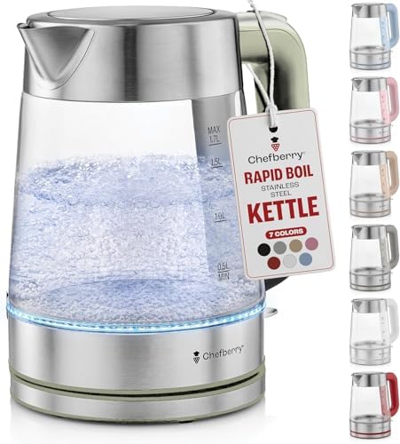 Electric Kettle for Boiling Hot Tea & Water | 1.7L Stainless Steel Borosilicate Glass Boiler With No Plastic, Automatic Shutoff, BPA Free, Fast Heating Technology (Green) by Unknown