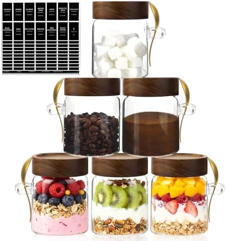 10 oz Small Glass Jar with Spoon and Airtight Wood Lids set of 6,Sugar Ground Herb Canister Round Food Storage Container for Spice Jams Coffee Pasta Candy Rice Loose Tea (300ml/10oz-6Pack) by Foyofly