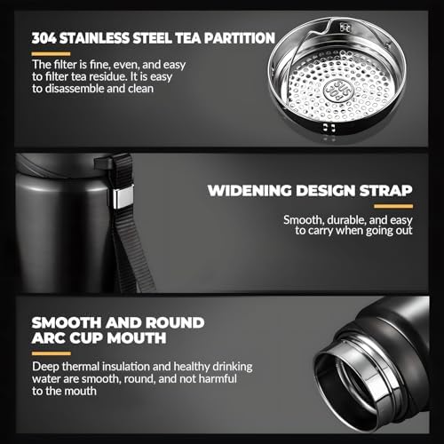 60 oz Smart Water Bottles with Digital Temperature Display Coffee Tea Infuser Bottle LED Thermal Cup Double Walled Vacuum Insulated Stainless Steel Flask Leak Proof Travel Mug Keep Warm (black) - Image 6