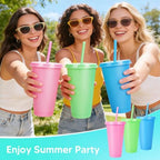 24 Pack Plastic Tumblers with Lids and Straws, Reusable Cups with Lids Plastic Colorful Cups for Parties Birthdays, Iced Coffee Cup Cold Drink Cups Bulk Tumblers (24 oz, Macaron Colors) - Image 3