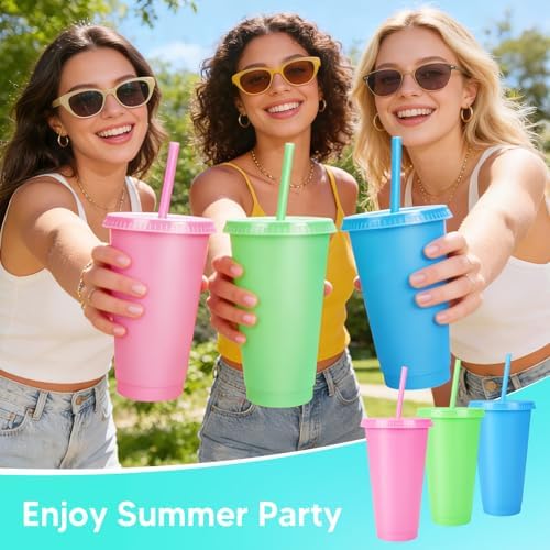 24 Pack Plastic Tumblers with Lids and Straws, Reusable Cups with Lids Plastic Colorful Cups for Parties Birthdays, Iced Coffee Cup Cold Drink Cups Bulk Tumblers (24 oz, Macaron Colors) - Image 3