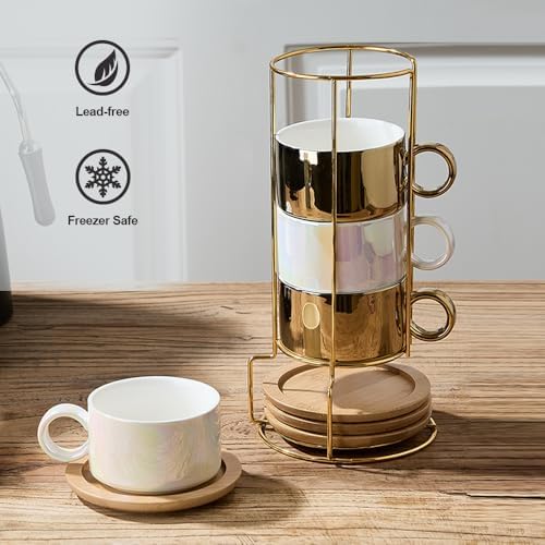 LUKA Porcelain Espresso Cup with Saucers and Metal Stand - 6 Ounce Stackable Ceramic Demitasse Espresso Mugs Cappuccino Cups Set for Latte, Coffee, Cafe Mocha, Tea - Set of 4,Shimmer Golden - Image 4