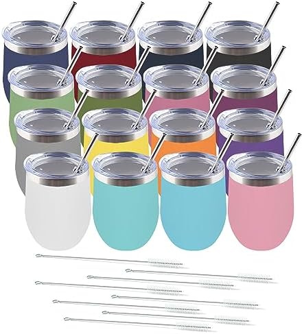 Amtidy 16 Pack Powder Coated Stainless Steel Tumbler with Lid,Equipped with straw and straw brush，12 oz Double Wall Vacuum Insulated Travel Tumbler Cup for Coffee, Wine, Cocktails by Unknown
