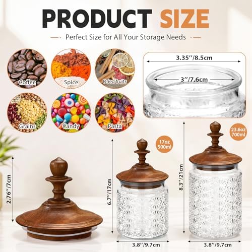 Suclain 6 Pack 17 oz Glass Spice Jars with Dark Wood Lids Vintage Canisters with Star Pattern Airtight Food Storage Container for Home Kitchen Tea Coffee Spice Pantry Organization Decorations - Image 2