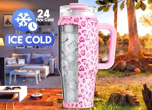 Meoky 32 oz Tumbler with Handle, Insulated Tumbler with Lid and Straw, Stainless Steel Travel Mug, Keeps Cold for 24 Hours, 100% Leak Proof, Fits in Car Cup Holder (Love) - Image 2