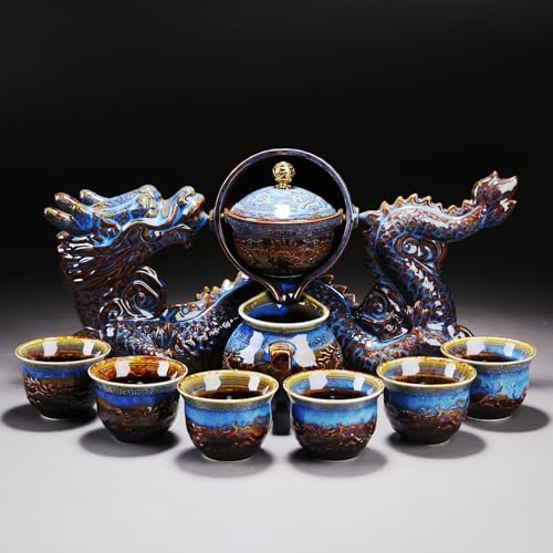 Chinese Gongfu Tea Set - Ceramic 360 Rotating teapot with Infuser, 6Cups, Semi Automatic Dragon Design for Loose Leaf Tea by Unknown