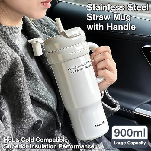MUHAN 30oz Insulated Tumbler with Handle, Stainless Steel Water Bottle, Travel Mug (Star Black-Ceramic inner（Lid+tea strainer+Straw+handle）, MUHAN 30oz Insulated Tumbler with Handle) - Image 6