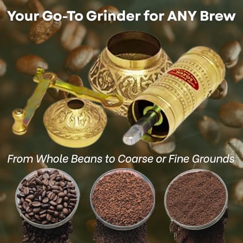 Sozen Manual Coffee Grinder Brass - Adjustable Hand Crank Burr Mill for Turkish Coffee, Espresso & French Press (7.6 Inch – Hammered Brass) - Image 4