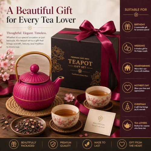 WD Lifestyle Cast Iron Teapot, Fuchsia, Japanese Style Tea Kettle with Stainless Steel Infuser, Enameled Interior, Ergonomic Gold Handle, Heavy Duty Tetsubin Tea Pot for Loose Leaf Tea 16 Oz - Image 7