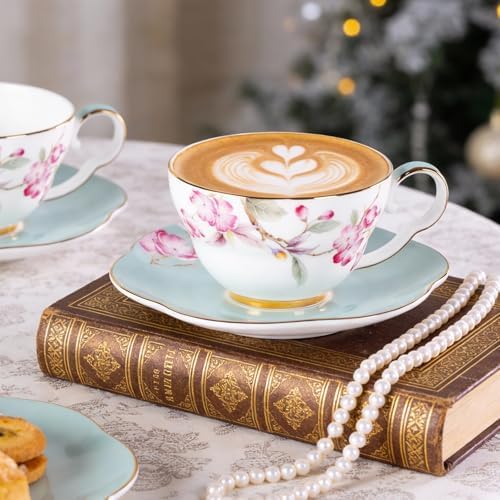 KAMMAK Tea Cups Set of 2,Ceramic Floral Pattern Demitasse Cup - Image 5