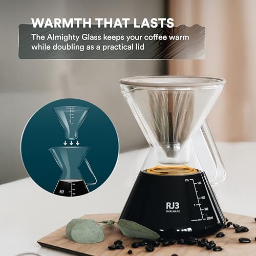 ovalware Pour Over Coffee Dripper Maker Paperless Stainless Steel Filter, Precision Measuring Cup and Carafe with Double Wall Single Lip Insulated Glass Minimalistic Double Wall Drinkimg Mug - Image 5
