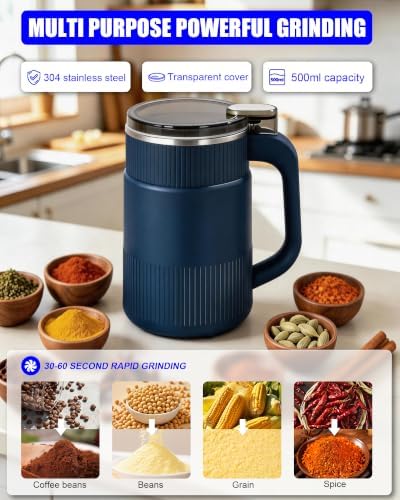 Electric Grain Mill Grinder 500G, 304 Stainless Steel Flour Mill Grinder for Home Use for Dry Grains Spices Coffee Corn Pepper, Ultrafine Grain Household Flour Mill, Kitchen - Image 2