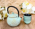 Ebros Gift Traditional Oriental Tetsubin Small Cast Iron 10oz Teapot With Strainer And 4 Mini Tea Cups 1oz Asian Fusion Housewarming Tea Service Drinkware Accent (Mint Green Honeycomb Textured) by EbrosGift