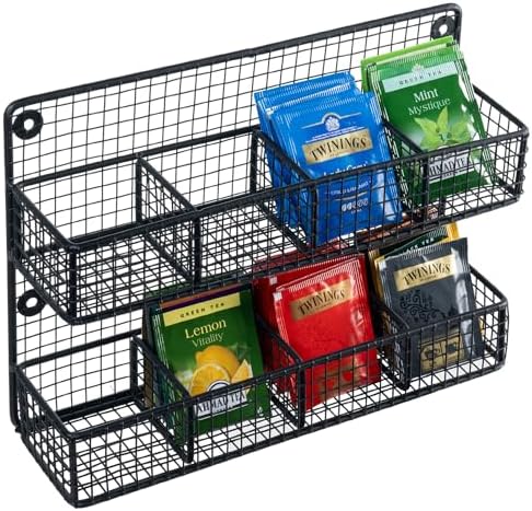 MyGift Wall Mounted Metal Mesh Wire Tea Bag Organizer Rack with 8 Compartments and Matte Black Finish, Farmhouse Style Kitchen Tea Storage Display by MyGiftHome