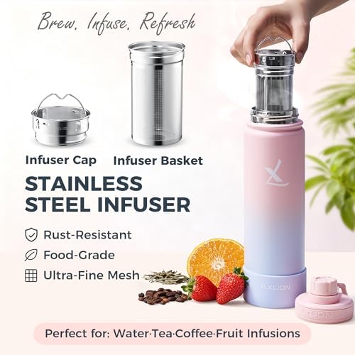 lexlion Tea Infuser Water Bottle 32 Oz – Triple Wall Insulated Stainless Steel, Loose Leaf & Fruit Strainer, 3 Leakproof Lids, BPA-Free Silicone Sleeve, Reusable Thermal Mug - Image 3