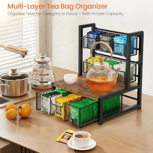 Homode Tea Bag Organizer, 3 Tier Tea Storage Box, Rustic Brown - Image 2