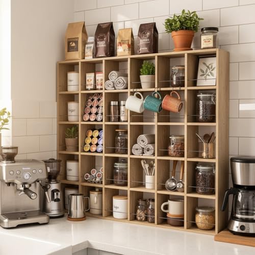 Kigley Oversize Coffee Mug Display Rack Wooden Shelves Rustic Shot Glass Display Case Travel Mug Shelf Wall Mounted Rack Holder Shadow Box(5 x 6,Brown) - Image 3