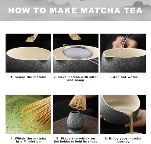 Matcha Set with Ceramic Bowl & Bamboo Whisk, 5-Pcs Kit Includes Scoop, Sifter& Holder(Chasen), Mottled Black - Image 2