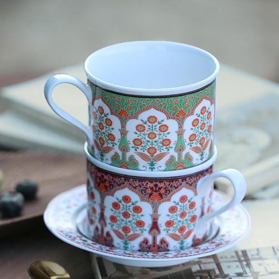 Turkish Ceramic Coffee Cups with Saucers Green Flower Tea Cups Set - Image 5